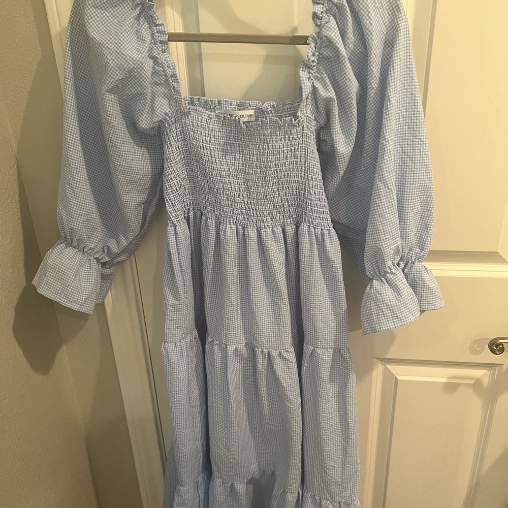 Gingham blue smocked puff sleeve  maxi dress
